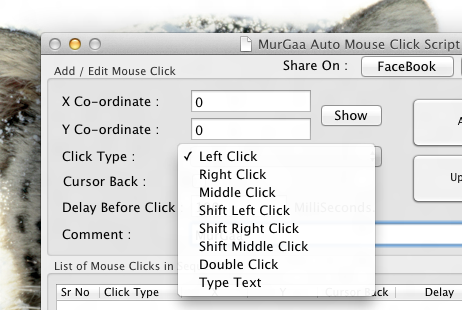 Screenshot of Mouse Click Types and Automatic Typing Selection from Macintsoh Automation Software