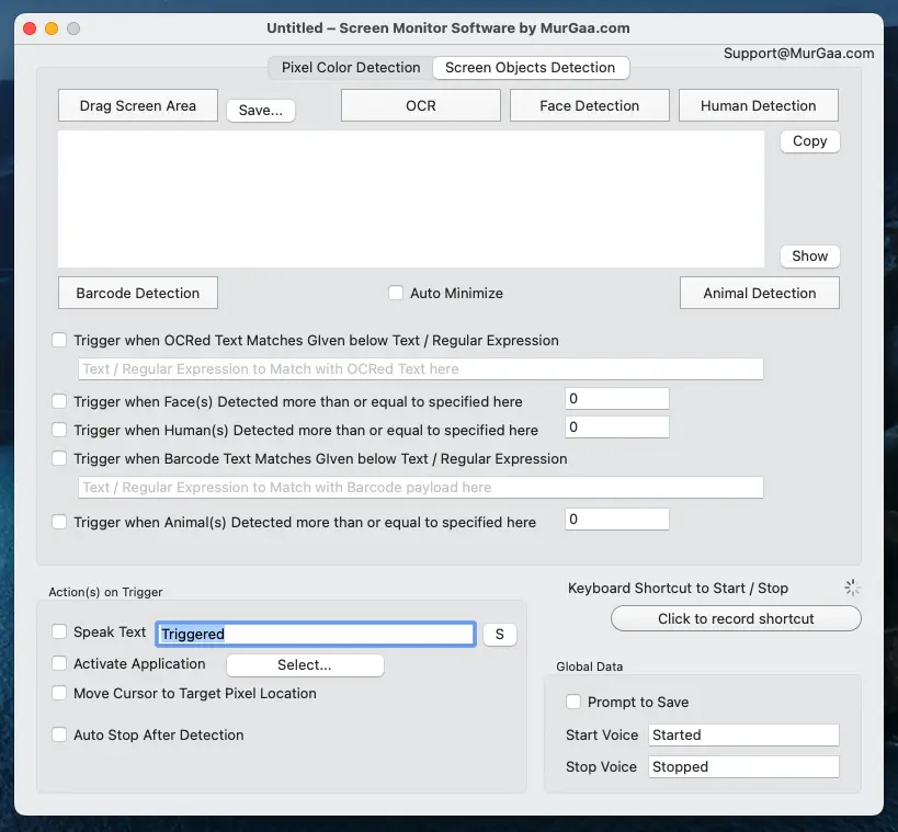 Screen Monitor Software for Macintosh by MurGaa.com displaying Screen Objects Detection Screen